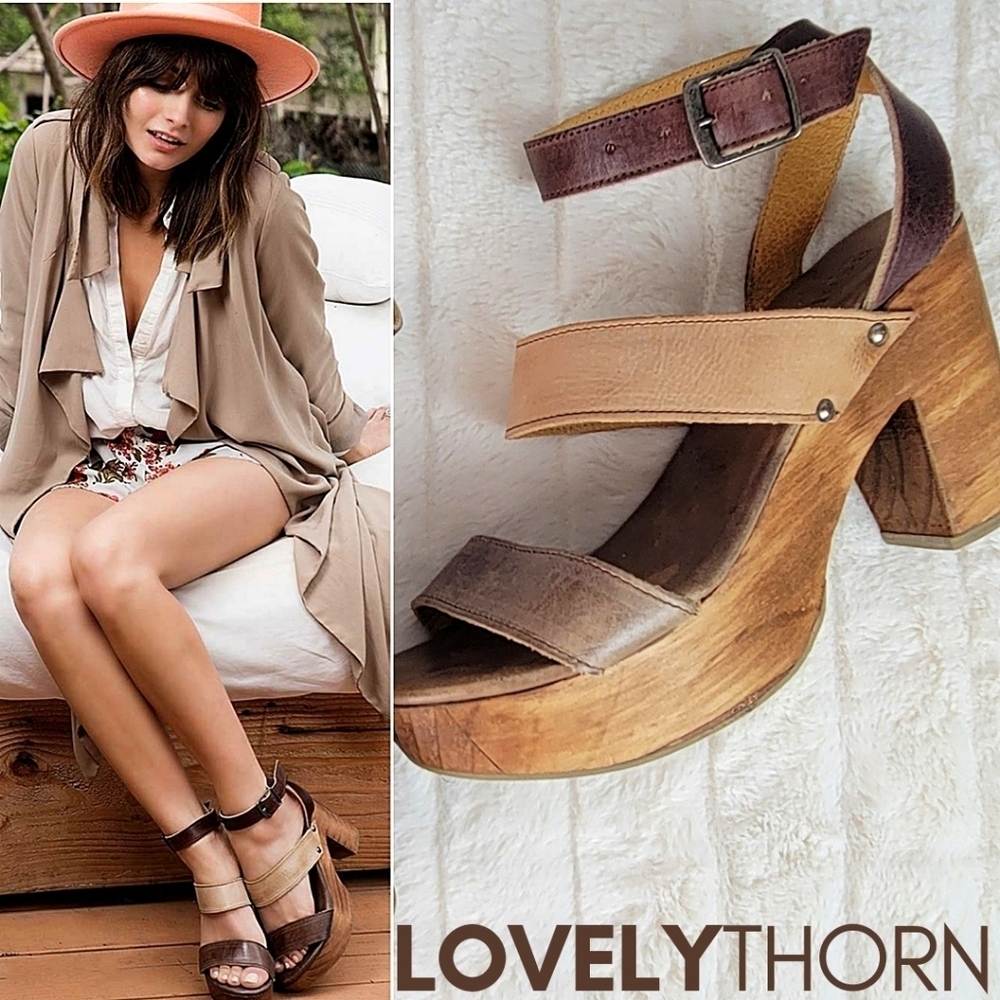 BED STU // ltd ed sophie strappy leather ankle strap wooden platform heel